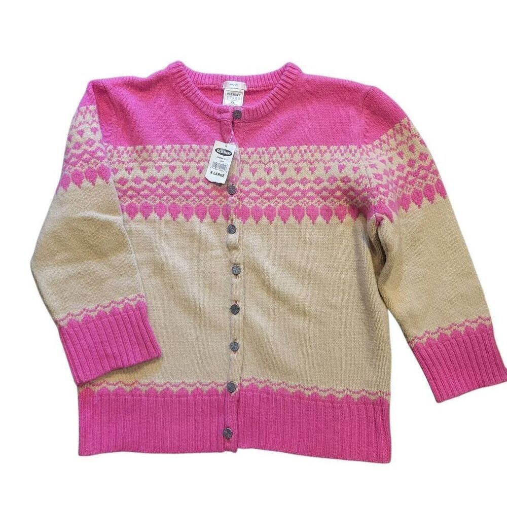 NWT Vintage Y2K Old Navy Sweater Women's Large Pink Fair Isle Wool Blend